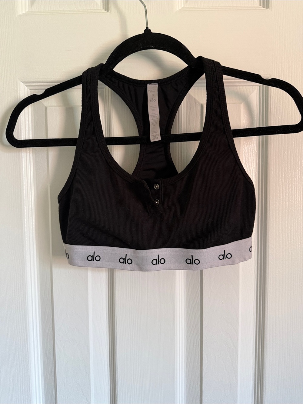 ALO Yoga Black Ribbed Racerback Sports Bra with White Logo Band